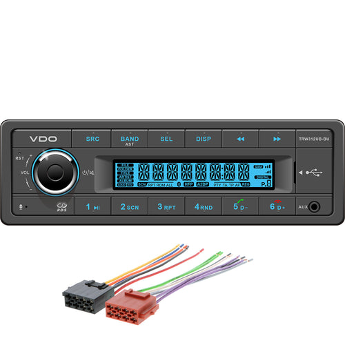 VDO 12V Radio w/FM RDS Tuner MP3/WMA/USB/Bluetooth - Blue Illumination - Includes Power Speaker Harness [TRW312UB-BUK]